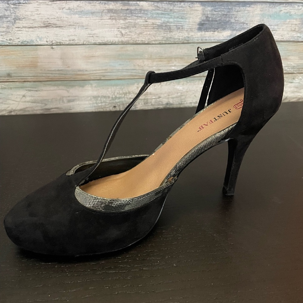 Justfab Black Suede with Silver Animal Print trim, 4” Heel